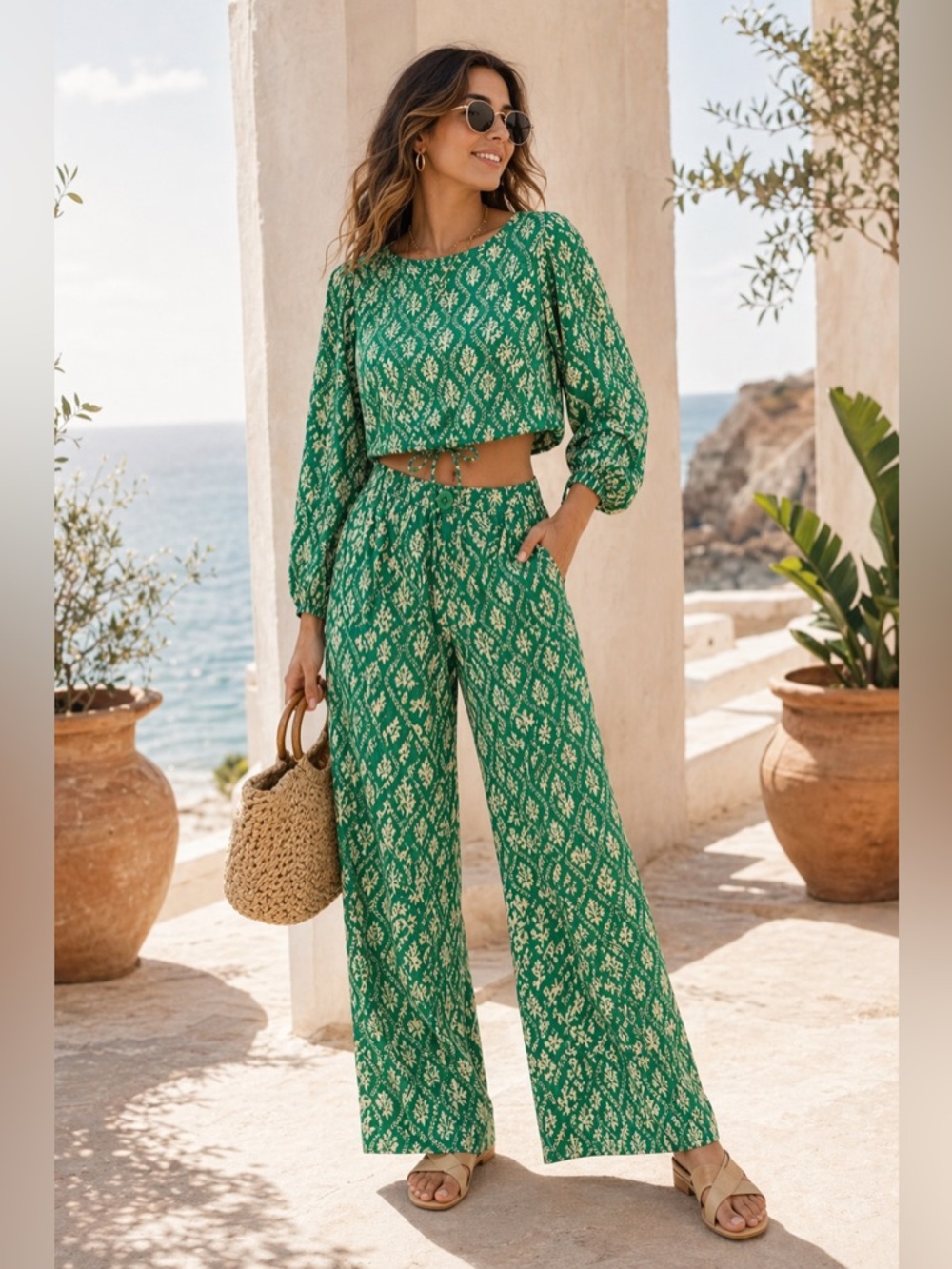 Zara matching set green print crop blouse wide leg pants S resort chic
